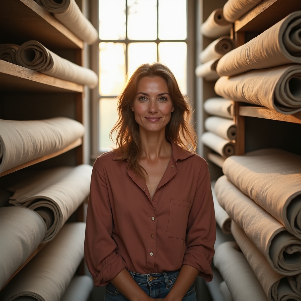 Inhaberin der Leinenmanufaktur steht im Atelier zwischen Stoffrollen in gedeckten Farben