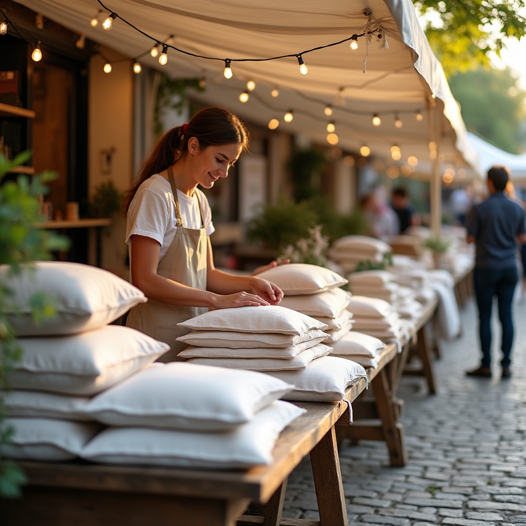 Pop-up-Stand mit ausgebreiteten Leinentüchern und Kissenhüllen auf einem Designmarkt